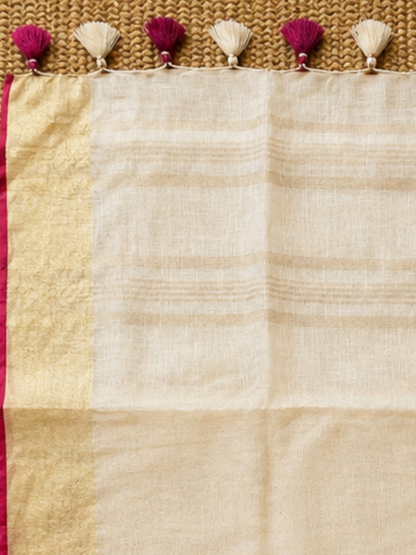 Indiehaat | Pure Linen Embroidered Saree Cream