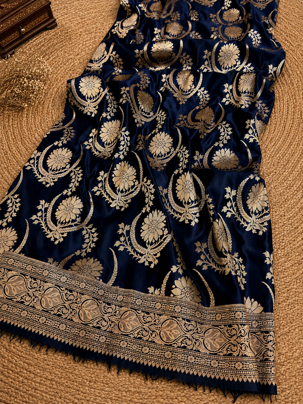 Indiehaat | Mashru Katan Silk Heavy Floral Buta Saree Blue