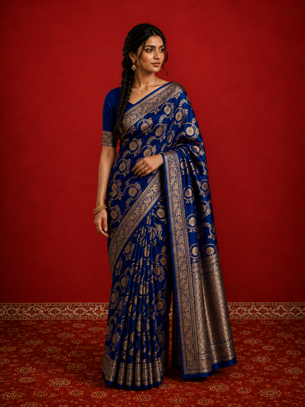 Indiehaat | Mashru Katan Silk Heavy Floral Buta Saree Blue