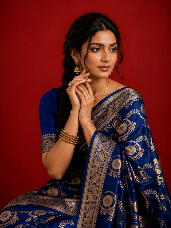 Indiehaat | Mashru Katan Silk Heavy Floral Buta Saree Blue