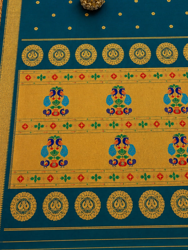 Indiehaat | Handloom Weaving Paithani Silk Saree Blue