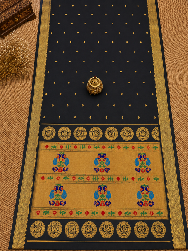 Indiehaat | Handloom Weaving Paithani Silk Saree Black