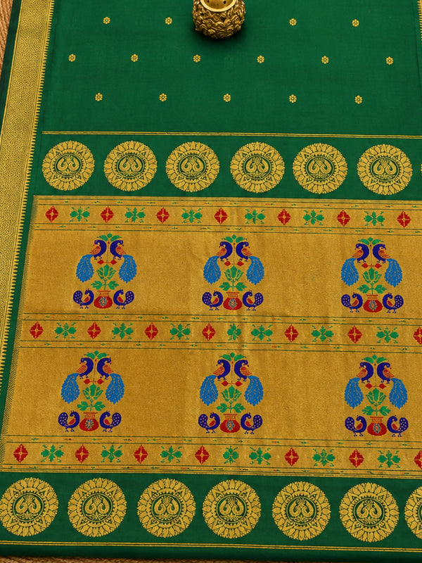 Indiehaat | Handloom Weaving Paithani Silk Saree Green