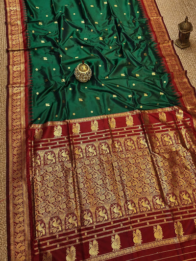 Indiehaat | Paithani Silk Handloom Saree Green