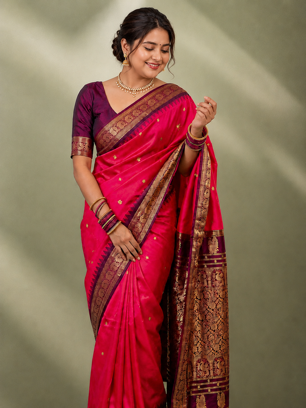 Indiehaat | Paithani Silk Handloom Saree Pink