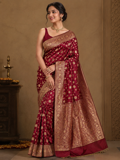 Gunghru Katan Silk Heavy Zari Designer Saree Deep Maroon