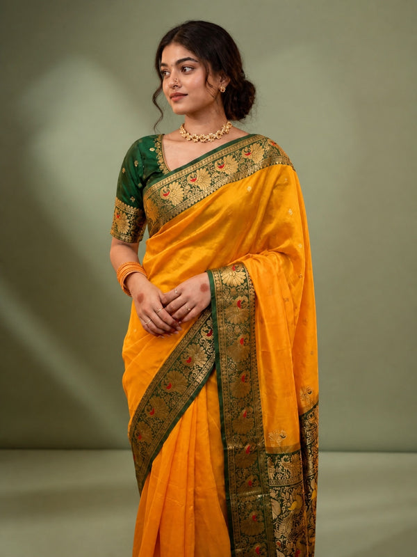 Indiehaat | Paithani Silk Peacock Saree Yellow