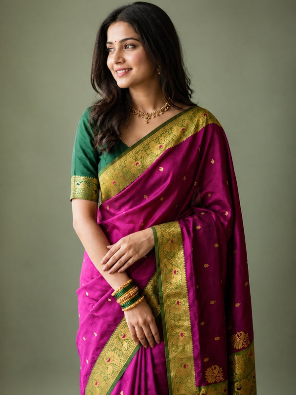 Indiehaat | Paithani Silk Peacock Saree Purple