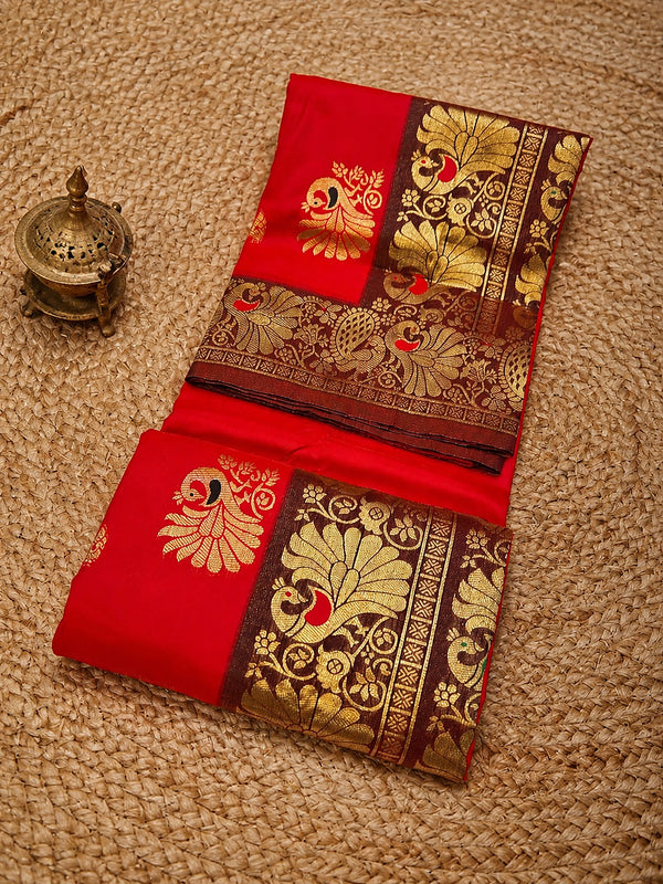 Indiehaat | Paithani Silk Peacock Saree Red