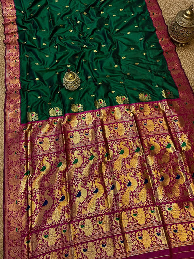 Mihira Peshwai Paithani Silk Handloom Saree Emerald Green