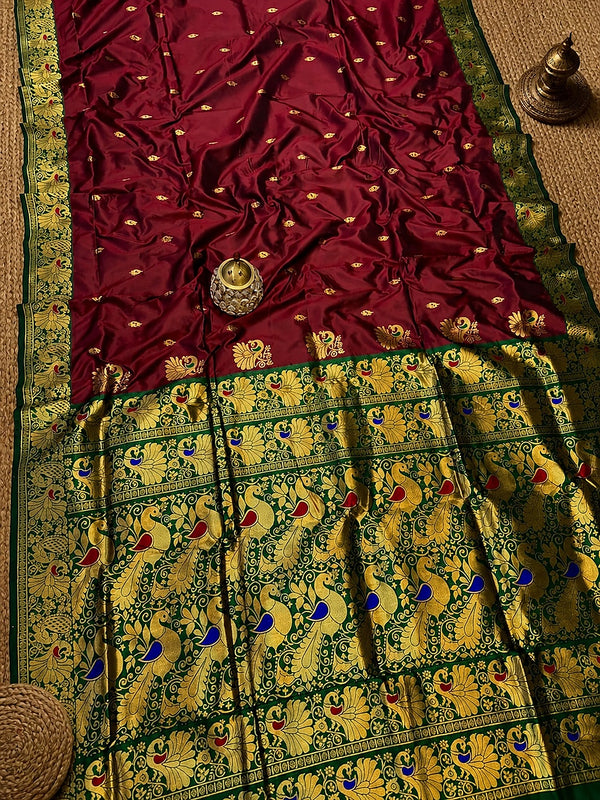 Indiehaat | Paithani Silk Peacock Saree Maroon