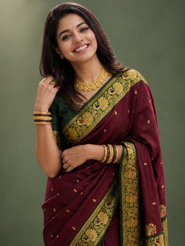 Indiehaat | Paithani Silk Peacock Saree Maroon