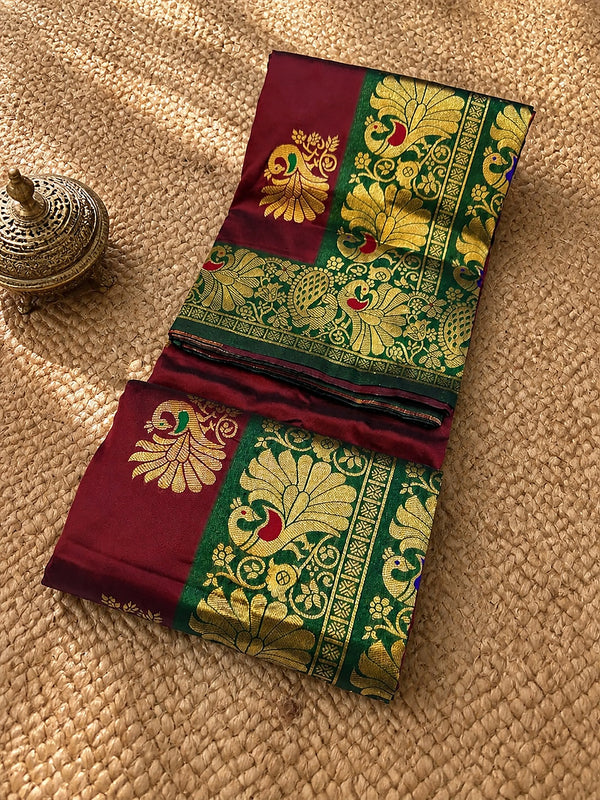 Indiehaat | Paithani Silk Peacock Saree Maroon