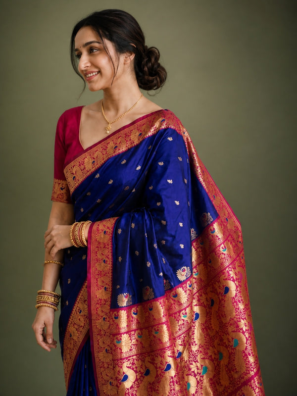 Indiehaat | Paithani Silk Peacock Saree Blue