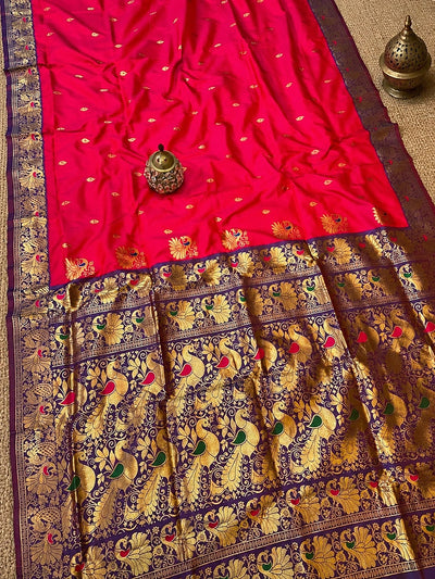 Mihira Peshwai Paithani Silk Handloom Saree Coral Red