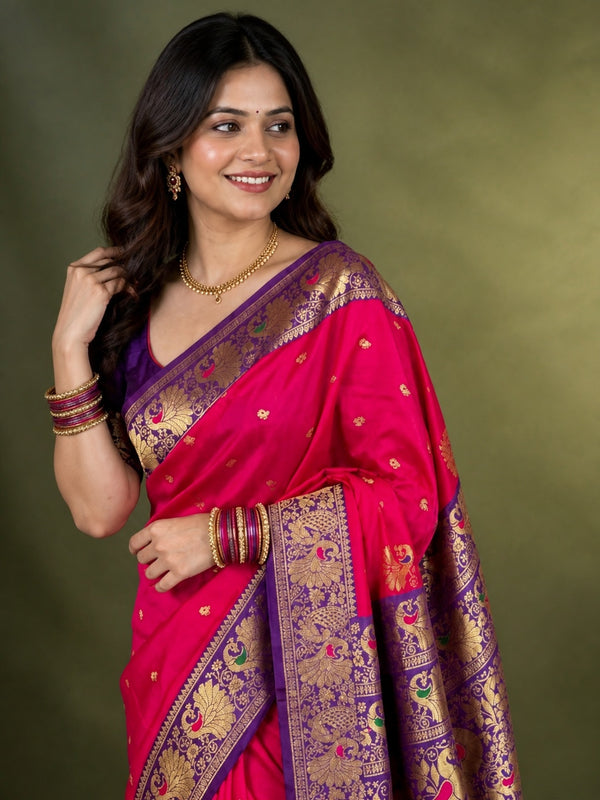 Indiehaat | Paithani Silk Peacock Saree Red