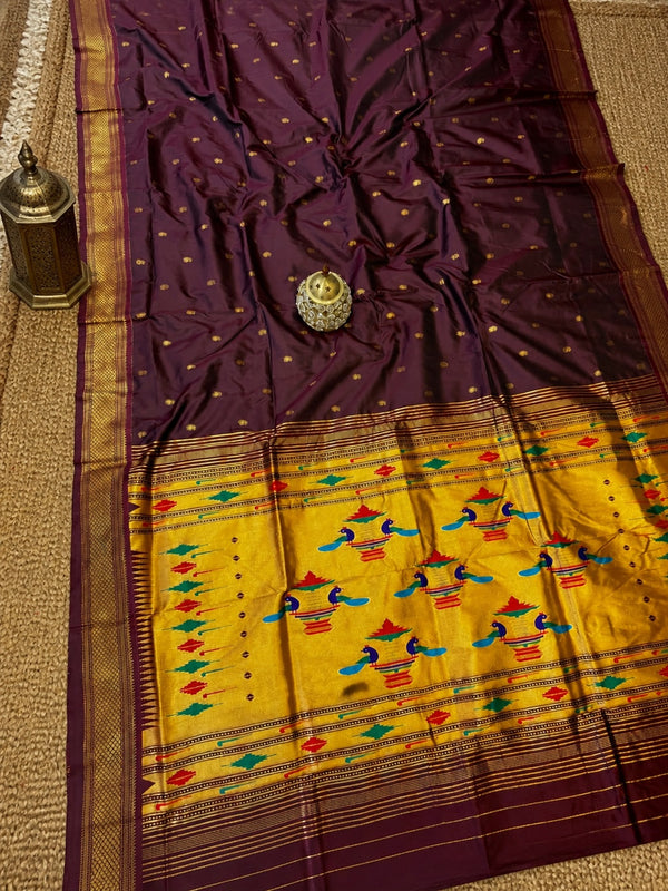 Indiehaat | Double Pallu Paithani Silk Saree Brown