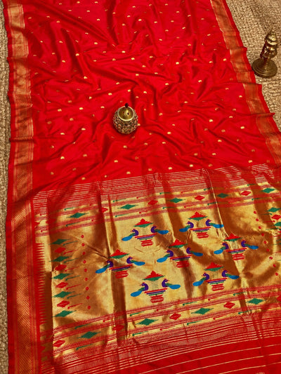 Indiehaat | Double Pallu Paithani Silk Saree Red