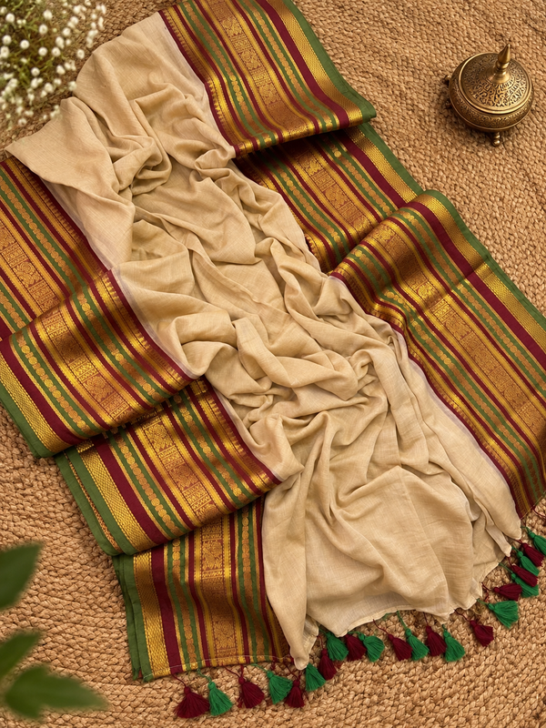 Indiehaat | Mul Cotton Handloom Saree Beige