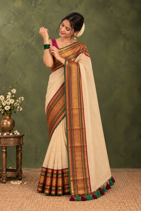 Indiehaat | Mul Cotton Handloom Saree Beige