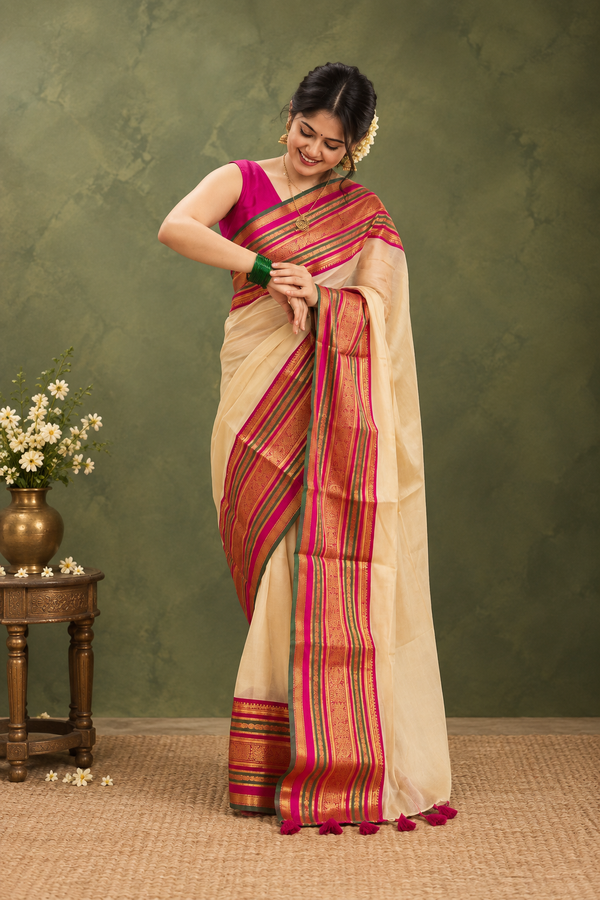 Indiehaat | Mul Cotton Handloom Saree Cream