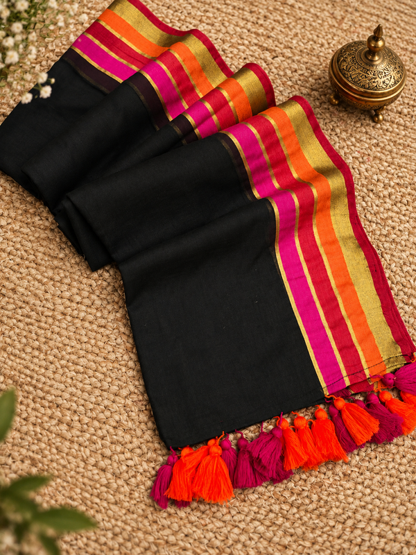 Indiehaat | Mul Cotton Handloom Saree Black Zari Border