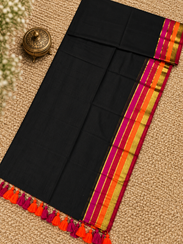Indiehaat | Mul Cotton Handloom Saree Black Zari Border