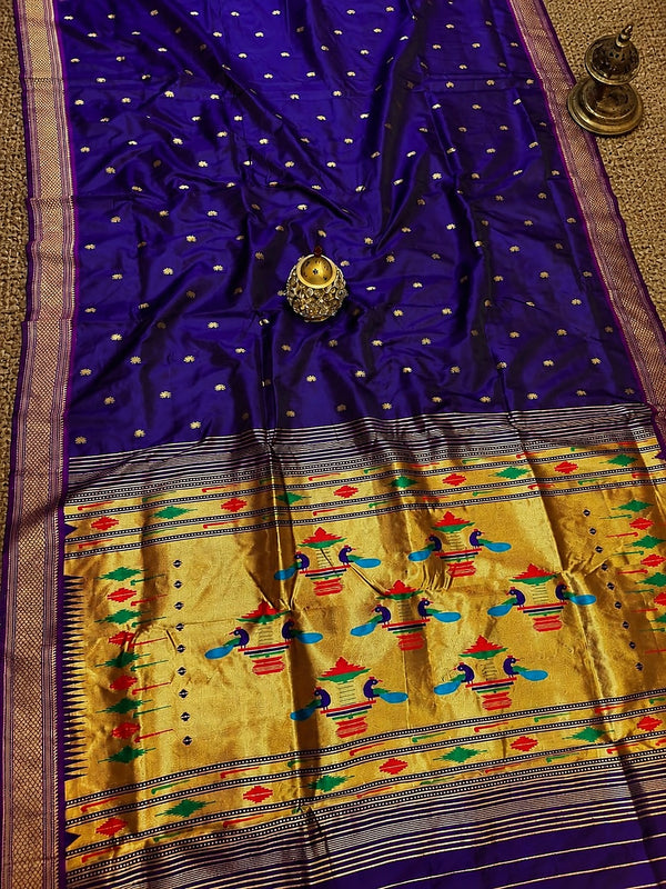 Indiehaat | Double Pallu Paithani Silk Saree Blue