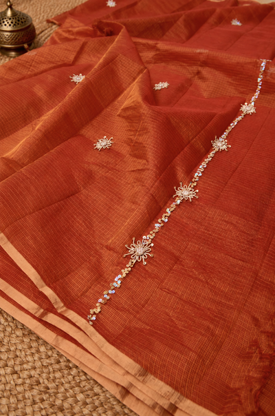 Indiehaat | Tissue Silk Kota Doria Saree Pearl Sequin Work Orange