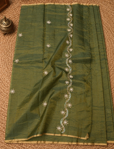 Abhaya Pure Tissue Silk Kota Doria Saree Olive Green