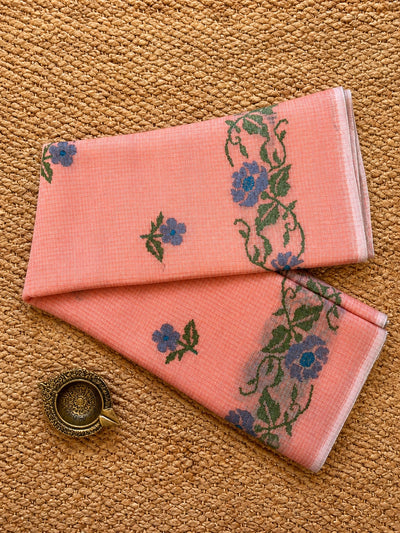 Gulbadan Kota Doria Embroidered Saree Soft Peach