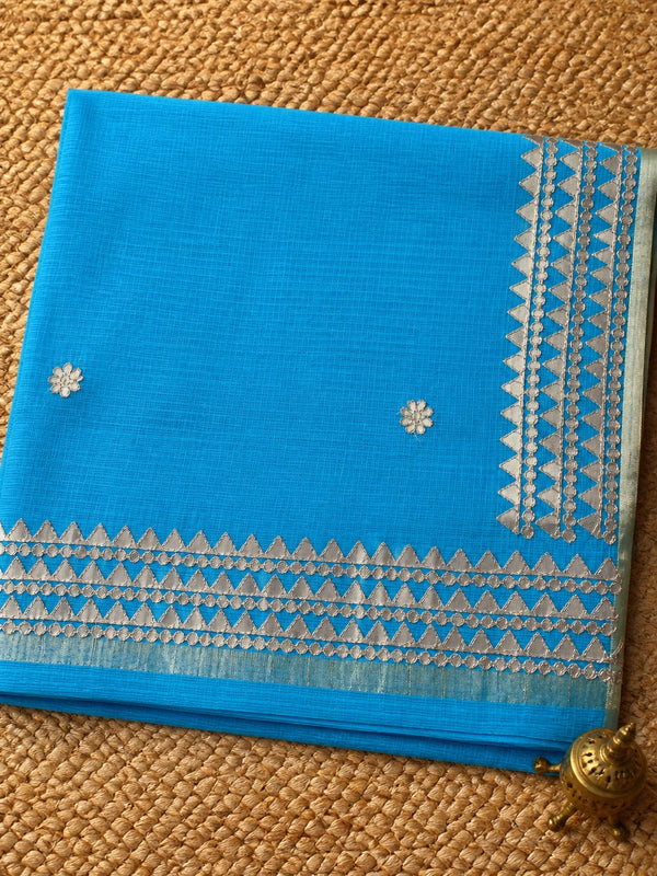 Indiehaat | Kota Doria Saree Gota Patti Buti Embroidery Blue