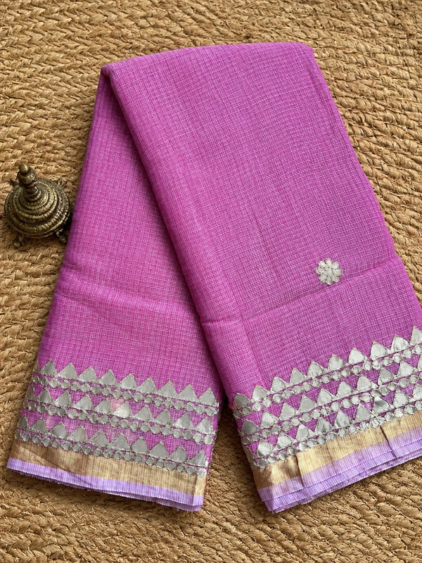Indiehaat | Kota Doria Saree Gota Patti Buti Embroidery Pink