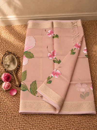 Milana Kota Doria Semi Silk Hand-Painted Saree Dusty Pink