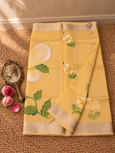 Milana Kota Doria Semi Silk Hand-Painted Saree Sunny Yellow