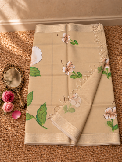 Milana Kota Doria Semi Silk Hand-Painted Saree Muted Beige