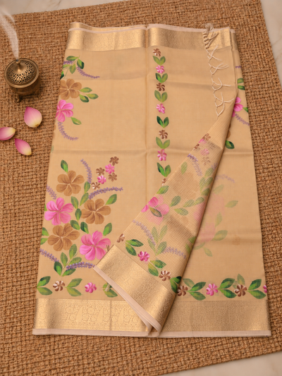 Rangini Kota Doria Semi Silk Hand-Painted Saree Soft Beige