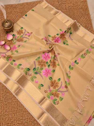 Indiehaat | Kota Doria Semi Silk Saree Hand Painting Beige