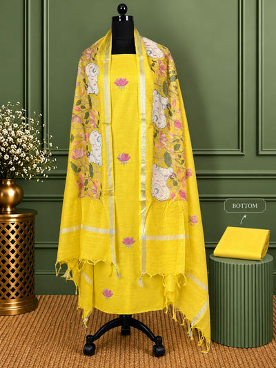 Gulshan Pure Linen Embroidered Suit (T+B+D) Bright Yellow