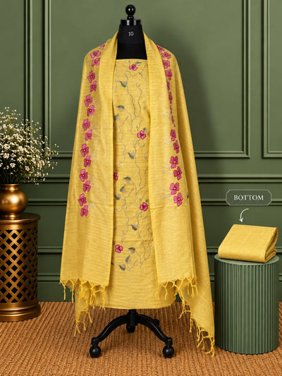 Gulshan Pure Linen Embroidered Suit (T+B+D) Mustard Yellow