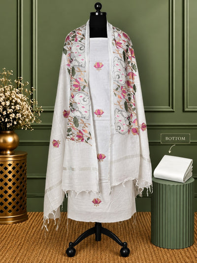 Gulshan Pure Linen Embroidered Suit (T+B+D) White