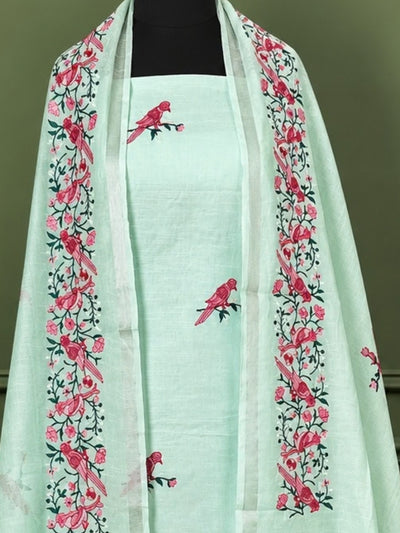 Indiehaat | Pure Linen Embroidered Suit Set Green