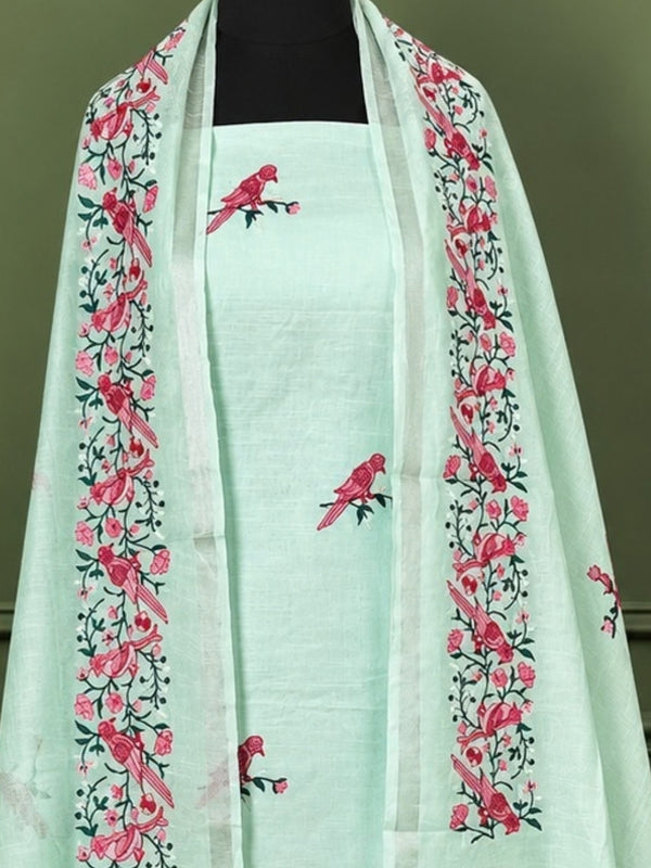 Indiehaat | Pure Linen Embroidered Suit Set Green