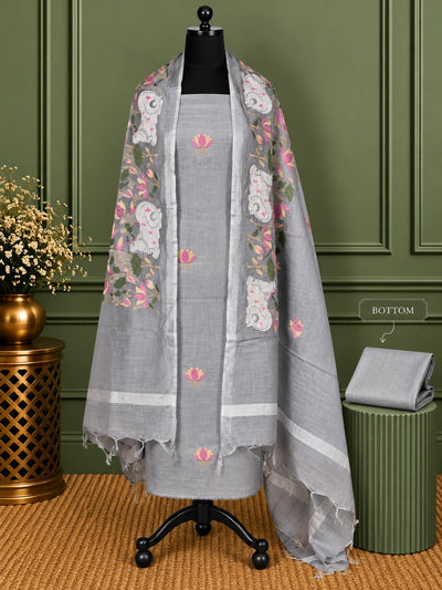 Gulshan Pure Linen Embroidered Suit (T+B+D) Light Gray