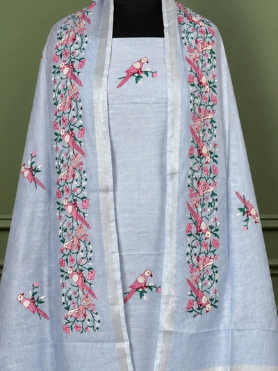 Indiehaat | Pure Linen Embroidered Suit Set Blue