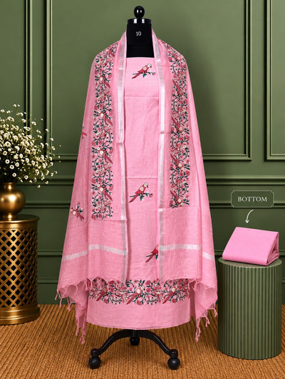 Gulshan Pure Linen Embroidered Suit (T+B+D) Soft Pink