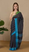 Handloom Mark Patteda Anchu Charcoal Cotton Saree Jet Gray