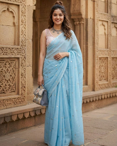 Indiehaat | Pure Mul Cotton Sequin Saree Blue