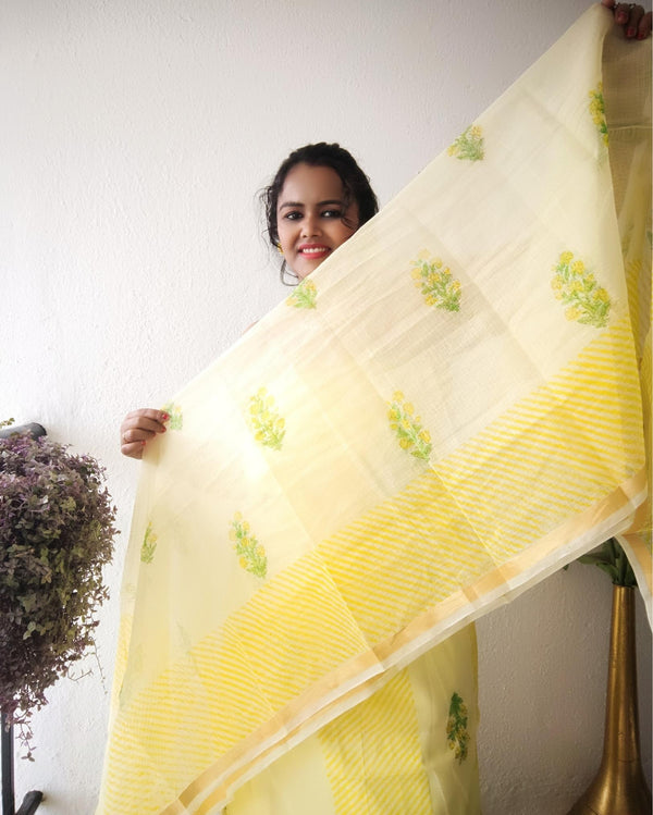 Textured Kota Doria Yellow Suit Handblock Print