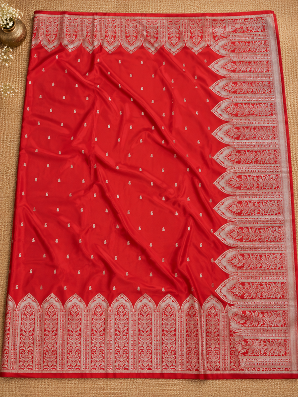 Indiehaat | Mashru Banarasi Silk Saree Red | Brocade Weaving